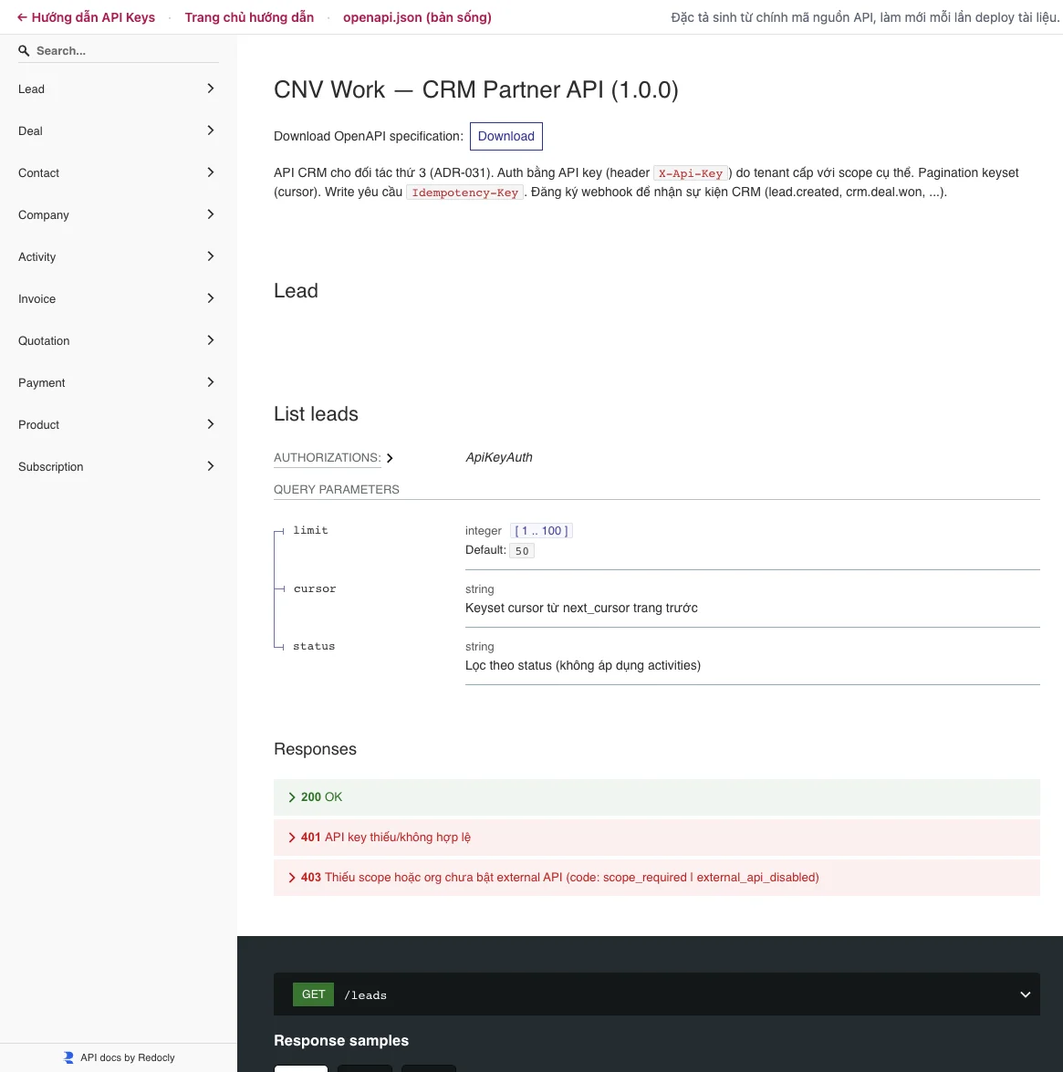Đặc tả CRM Partner API của CNV Work: endpoint List leads, xác thực API key và tham số phân trang
