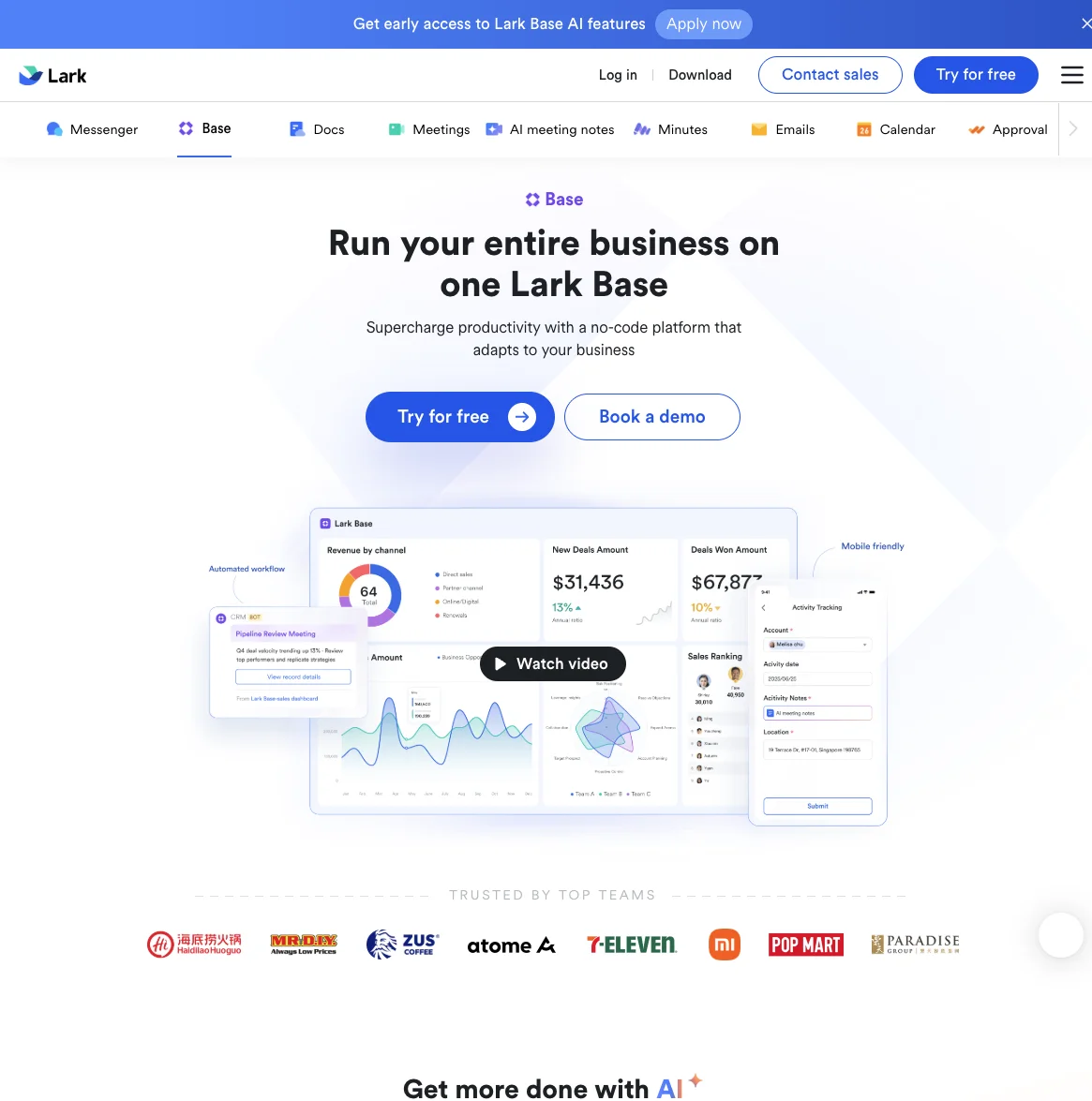 Trang sản phẩm Lark Base với minh họa dashboard CRM, biểu mẫu di động, automation và thanh sản phẩm cộng tác
