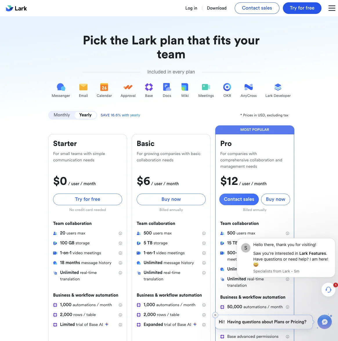 Bảng giá Lark ở chế độ trả năm: Starter 0 USD, Basic 6 USD và Pro 12 USD mỗi user mỗi tháng
