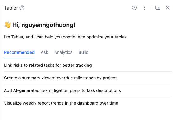 Tabler tự đề xuất cải tiến dựa trên context bảng quản lý dự án
