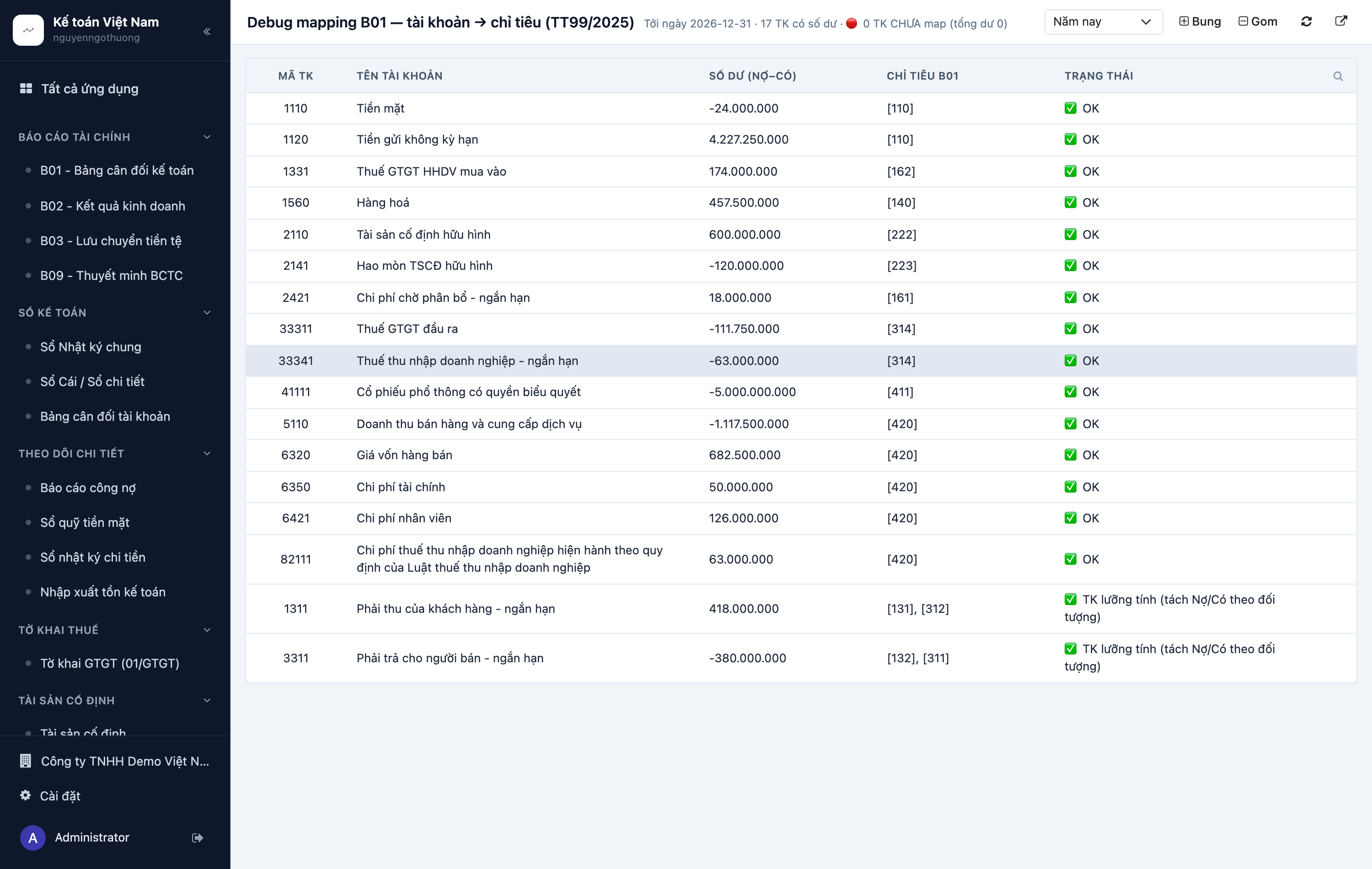Màn hình debug mapping tài khoản sang chỉ tiêu B01